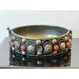 Silvertone Hinged Bangle Bracelet With Red Glass Stones - Missing Stones
